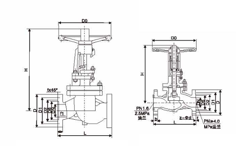 美标法兰截止阀J41W-150LB尺寸表结构示意图